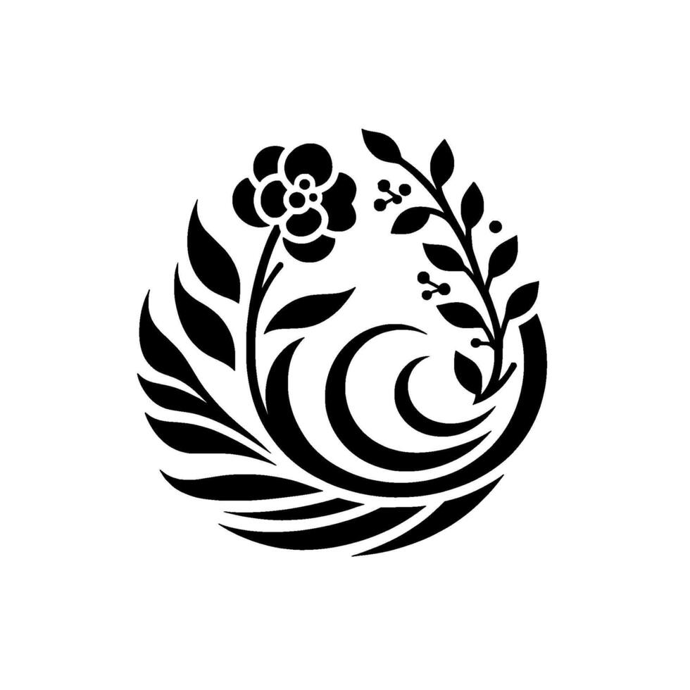 A symmetrical black and white floral design, featuring a stylized flower and leafy branches enclosed within a circular decorative pattern, evoking elegance and balance. vector