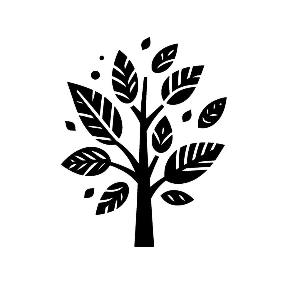 Stylized Black and White Tree Silhouette with Detailed Leaf Veins and Floating Leaves, Isolated on White. vector