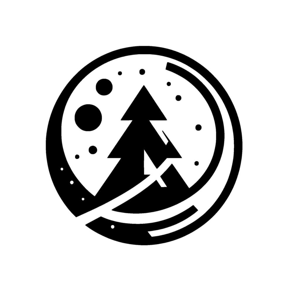 A minimalist black and white featuring a stylized pine tree and mountain silhouette inside a circle, with celestial dots. vector