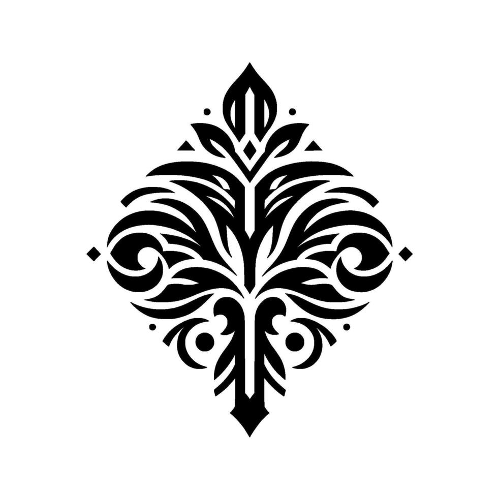 Symmetrical black floral ornament, intricate stylized on a white background, featuring leaves, swirls, and geometric shapes. vector