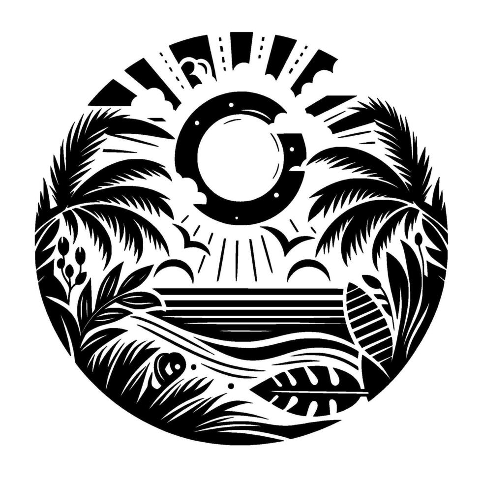 Black and white circular tropical illustration featuring a bright sun, palm trees, ocean, birds, and stylized foliage. vector