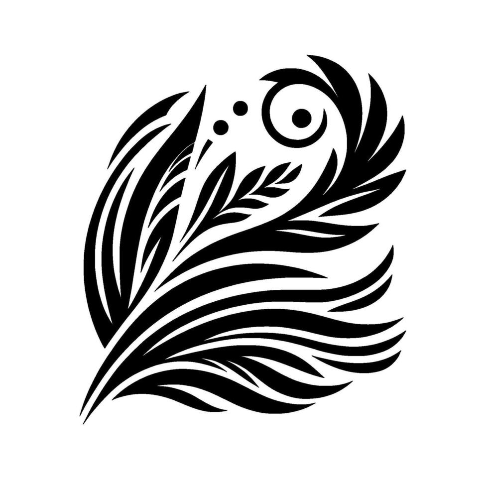 A stylized, symmetrical black and white botanical illustration featuring swirling leaflike forms, a central stem with delicate sprigs, and a circular element with dots. vector