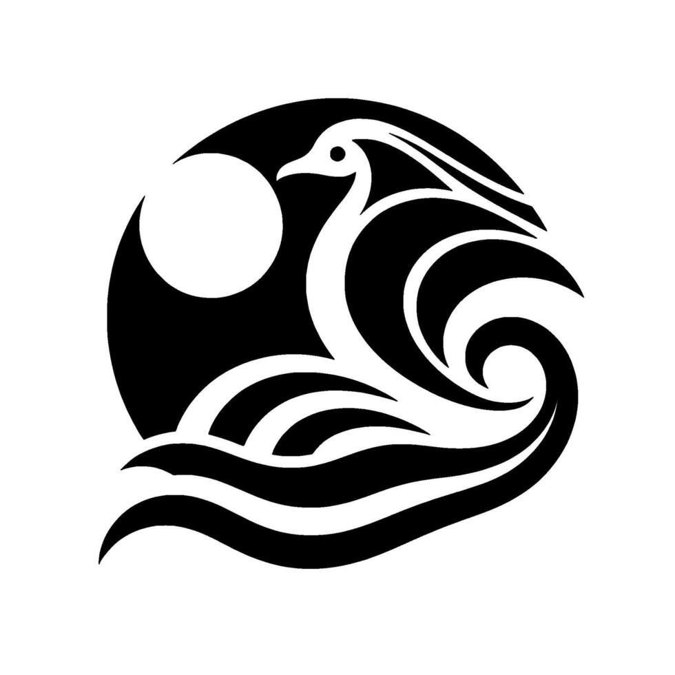 Abstract Black and White Illustration A stylized swan in a circle amidst waves, representing grace and natures elements. vector