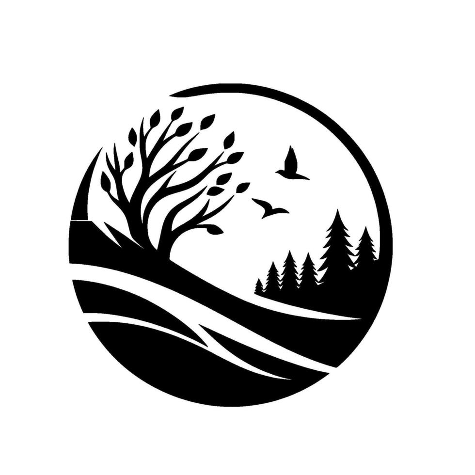 Silhouette of Nature A circular featuring a tree, flying birds, and a forest of pines against a white background. vector