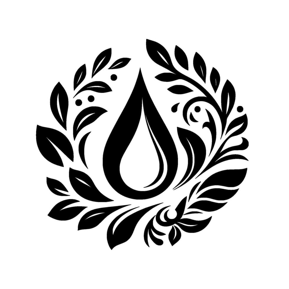 Elegant Black and White Emblem A teardrop shape encircled by a stylized floral wreath, suggestive of purity and nature. vector