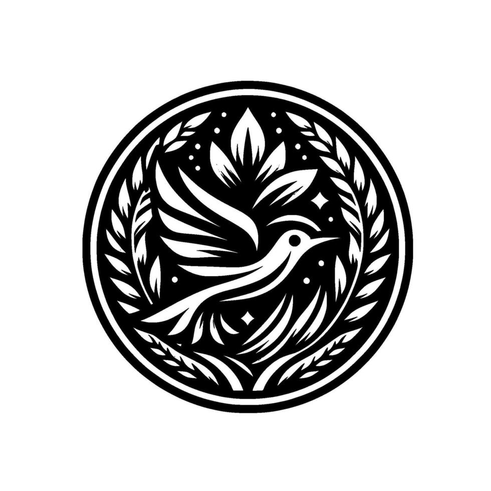 Elegant Black and White Circular Illustration of a Bird in Flight, Surrounded by Leaves, Stars, and Berries vector
