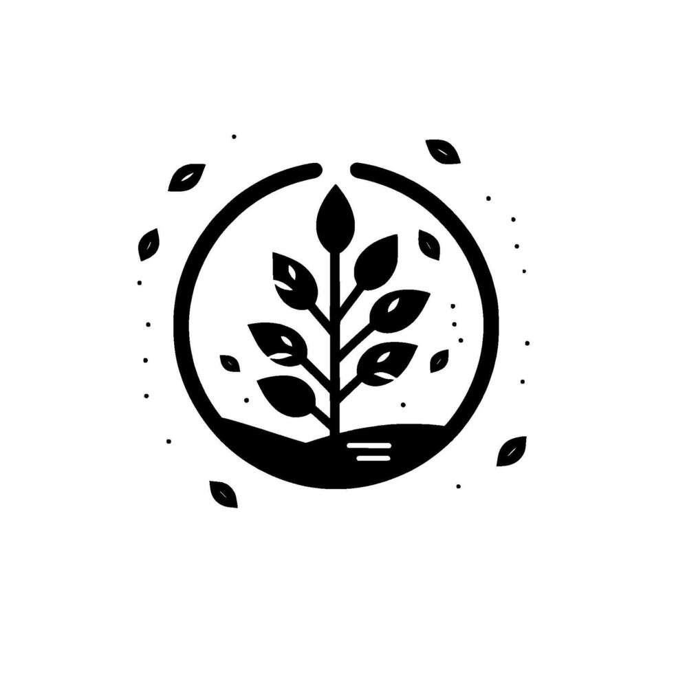 A minimalist black and white illustration of a tree within a protective circle, with leaves and dots, symbolizing growth and natures embrace. vector