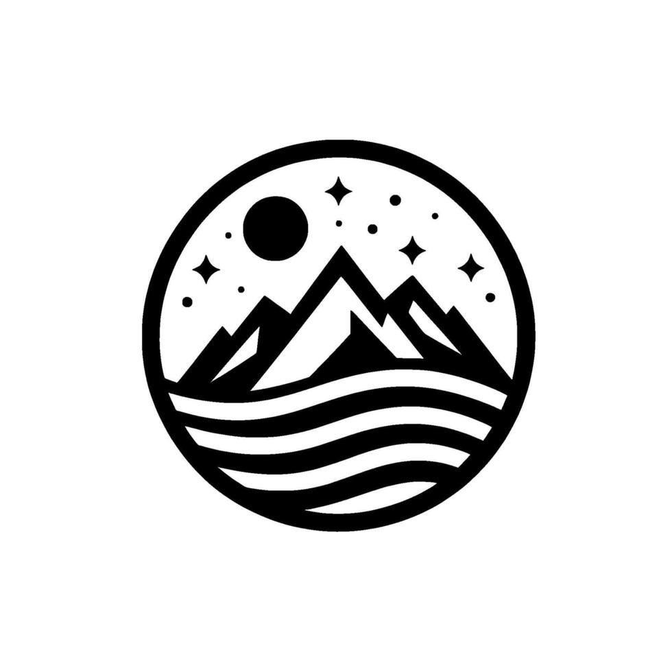Minimalist Black White Emblem Mountain Peaks Beneath a Celestial Sky, Waves Below, Circle Frame, Night Scene. vector