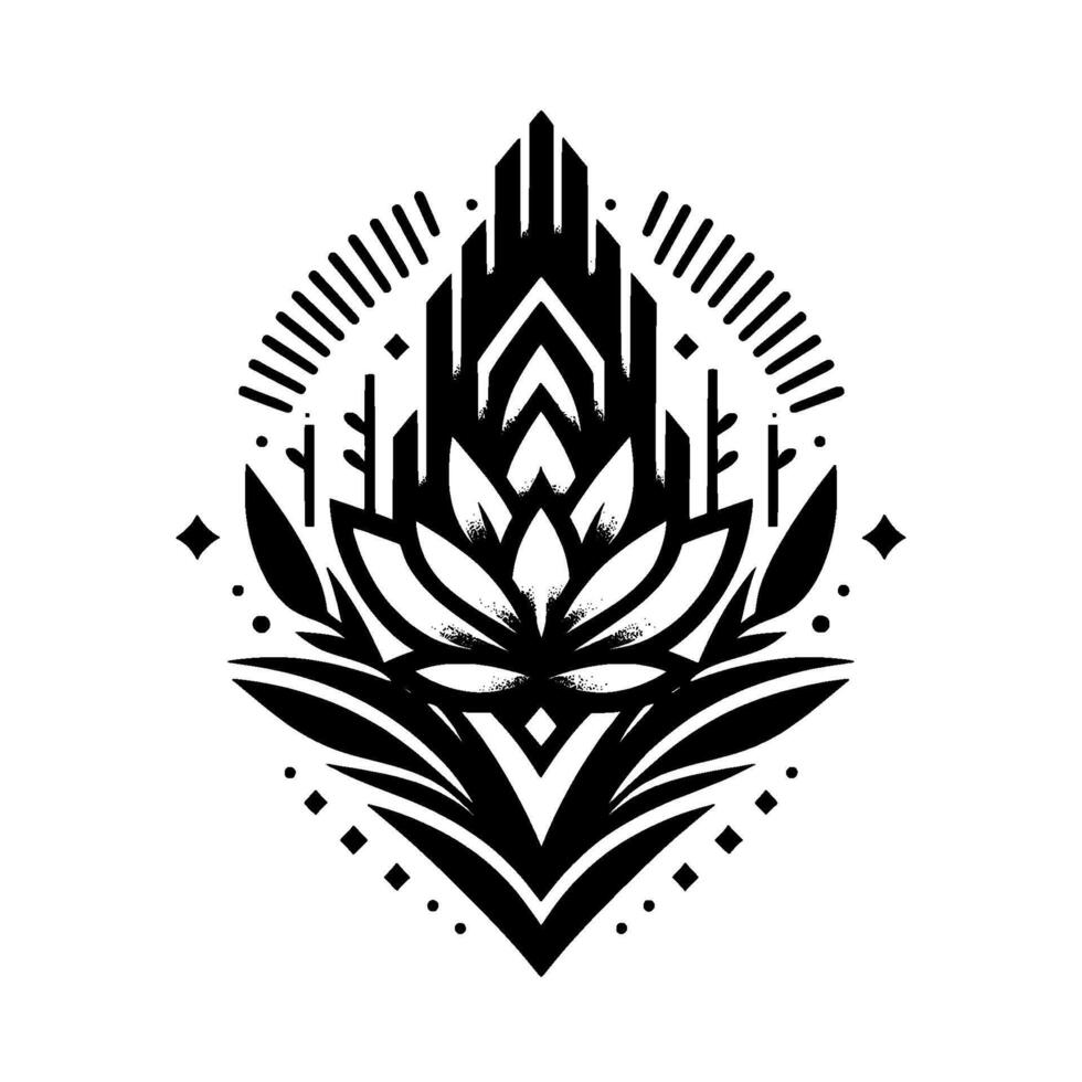 Geometric Lotus with Architectural Elements and Floral Motifs, set within a framed circular element, rendered in bold black and white style. vector