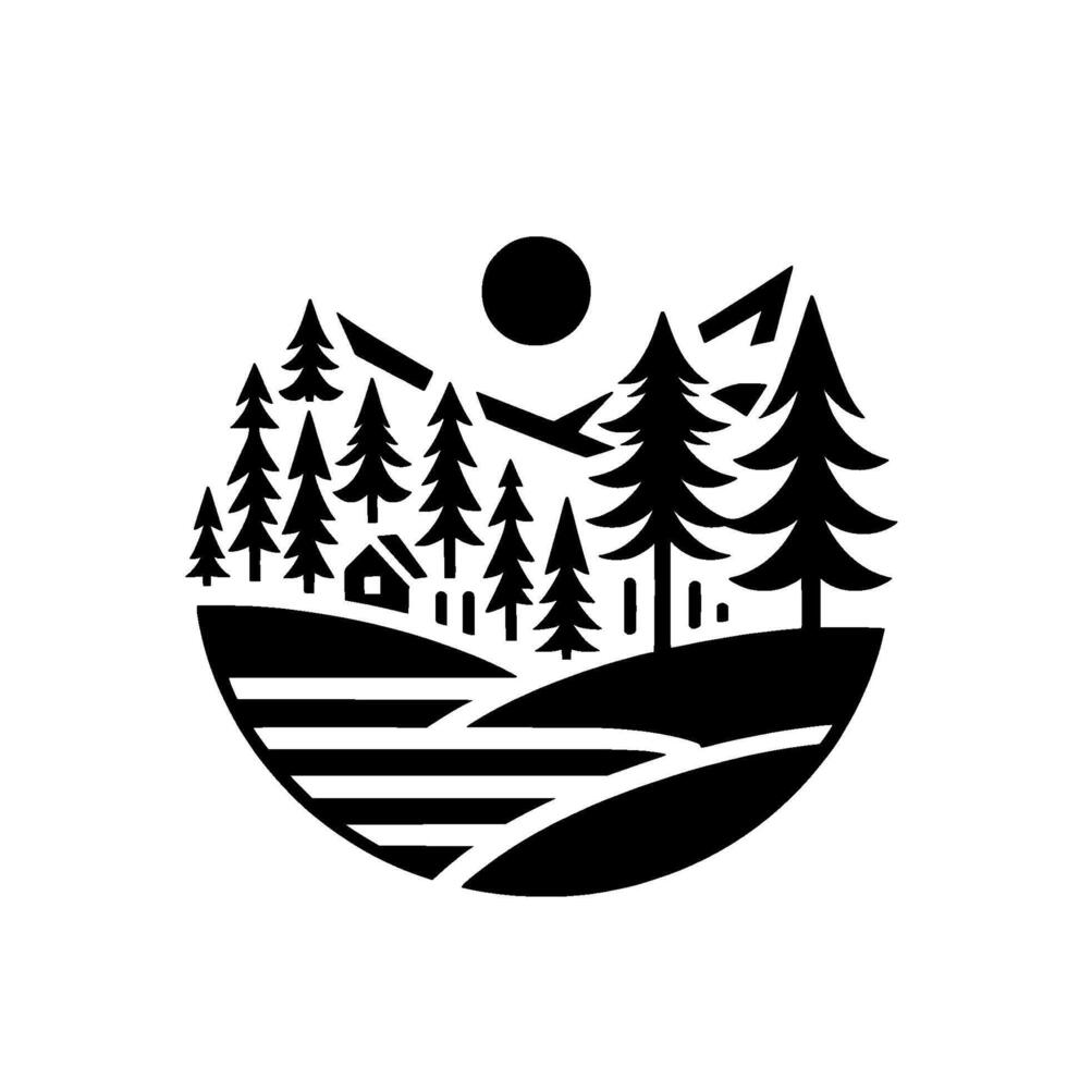 A minimalist black and white outdoor scene within a circle, depicting a cabin, mountains, pine trees, sun, and rolling hills. vector