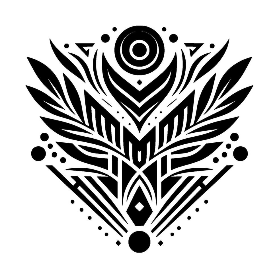 Symmetrical Black and White Geometric Featuring Leaflike Elements and Ornamental Circles and Lines, Showcasing an Abstract and Decorative Composition. vector