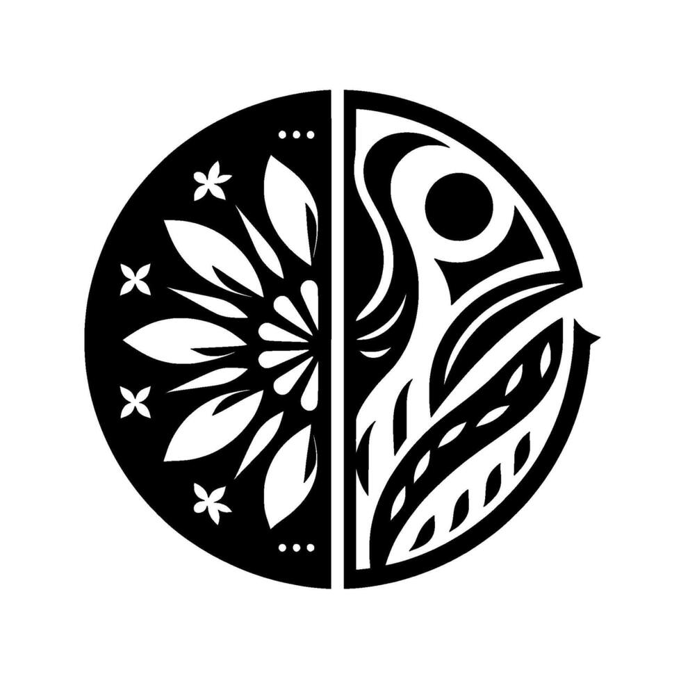 Divided Circle with Abstract Floral and Tribal Elements A monochromatic evoking balance, symmetry, and cultural motifs. vector