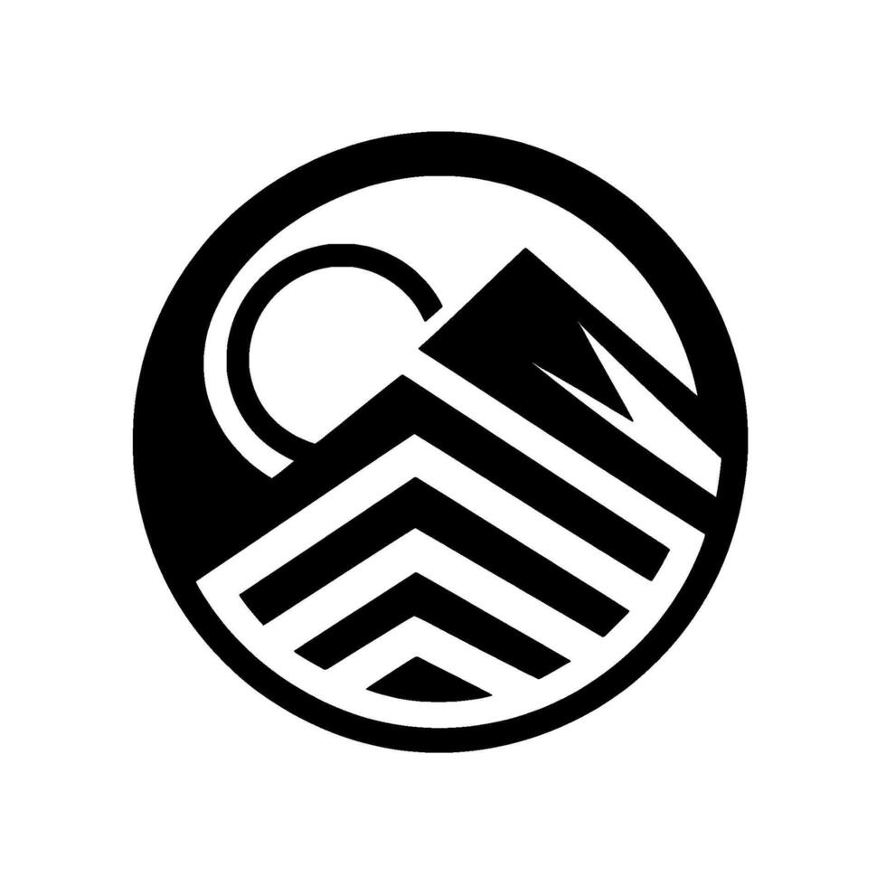 Minimalist Black and White Logo A Mountain Silhouette with the Sun, within a Circle, Symbolizing Adventure and the Outdoors. vector