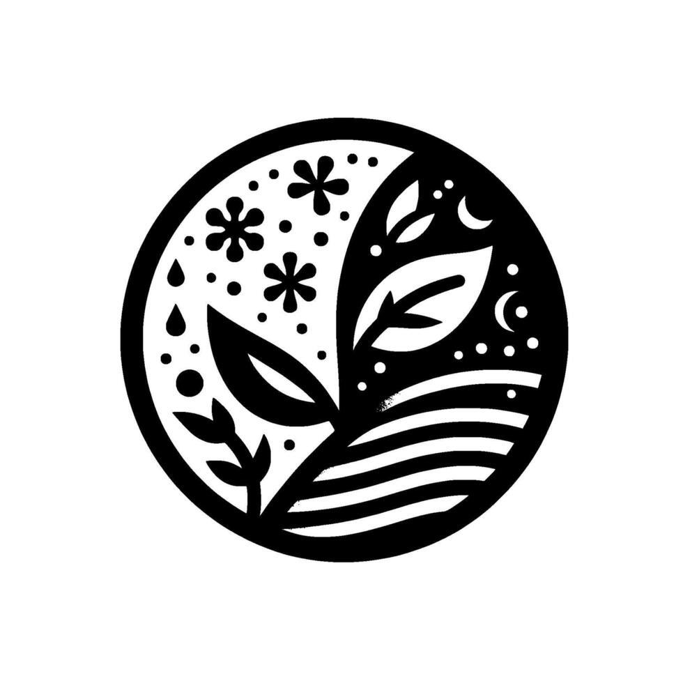 Circular YinYang Illustration of Natures Duality DayNight, BloomingGrowing, Abstract Botanical Black White. vector