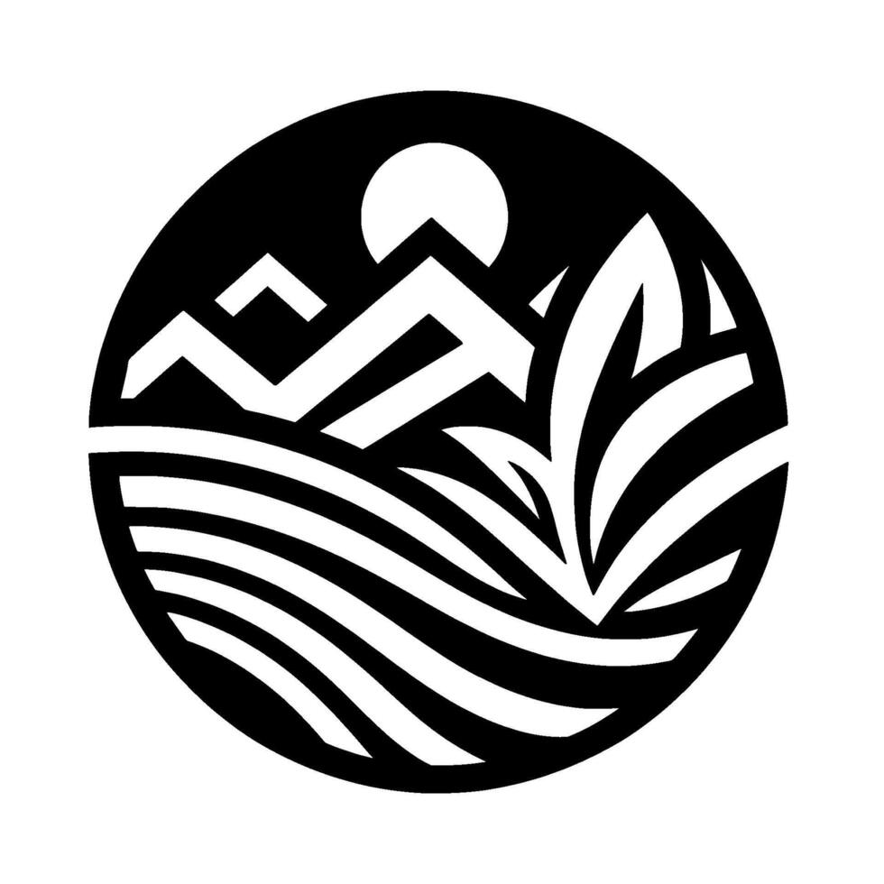A minimalist black and white circular depicting a mountain landscape, sunrise, and flowing water, with stylized plant life. vector