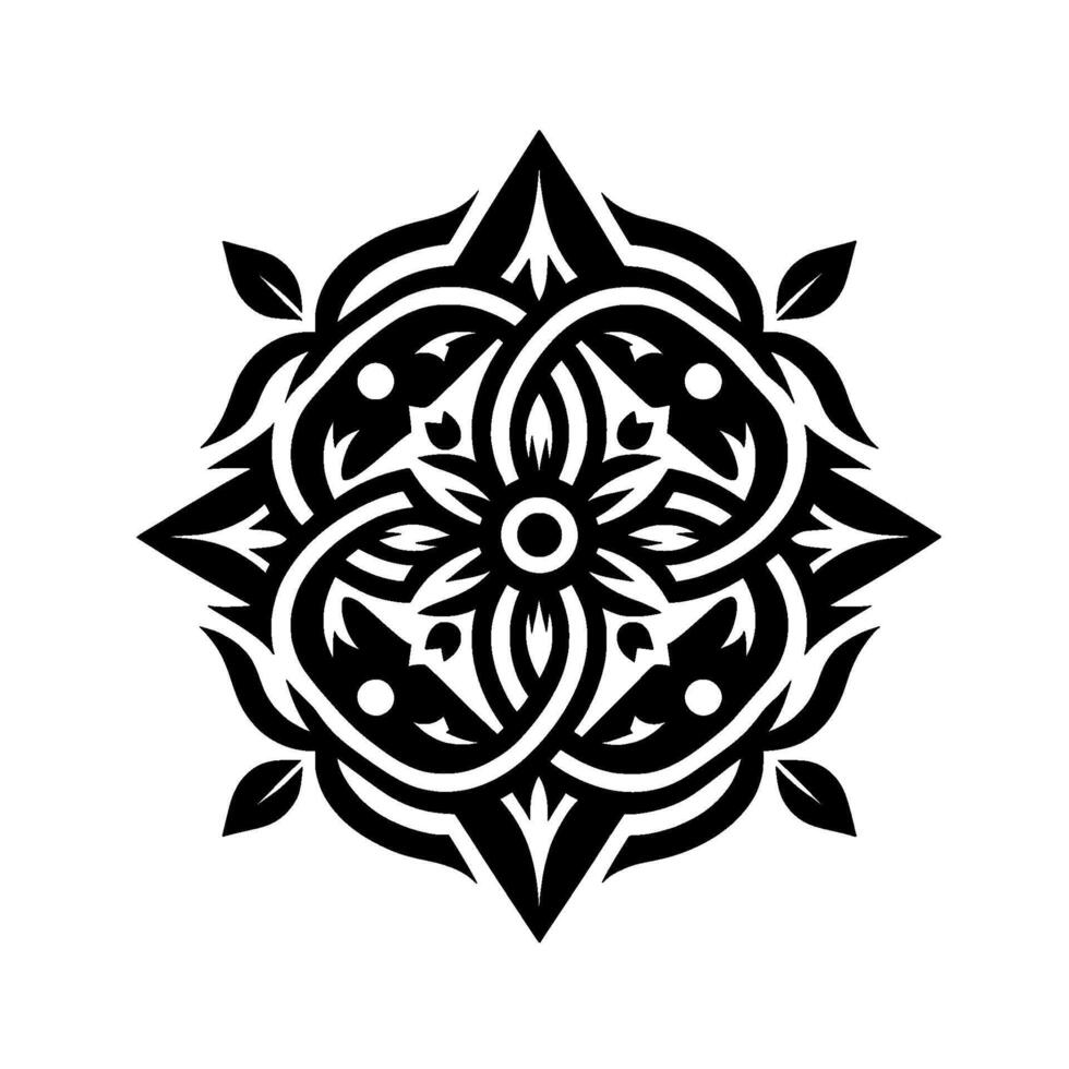 Symmetric Black White Floral Mandala with Intricate Leaf and Curving Elements, Centered and Isolated on White. vector