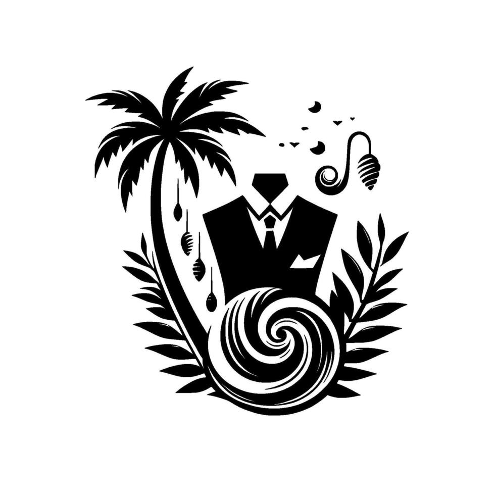 Formal attire on a tropical island vacation silhouette of suit, palm tree, and stylized oceanic imagery, monochromatic design. vector