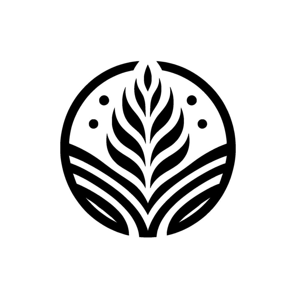 A stylized, black and white botanical featuring a symmetrical leaf structure enclosed within a circle, suggesting growth and harmony. vector