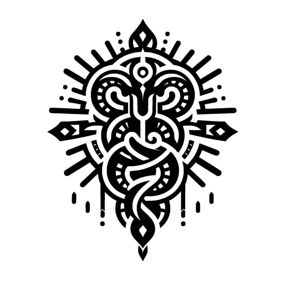 Intricate Black and White Tribal Featuring Symmetrical SerpentLike Forms, Radiating Elements, and Geometric Embellishments on a White Background. vector