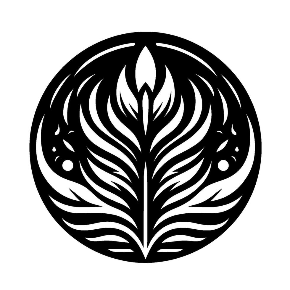 A symmetrical, stylized floral design, rendered in black and white, encased within a circular frame, offering an elegant and modern aesthetic. vector