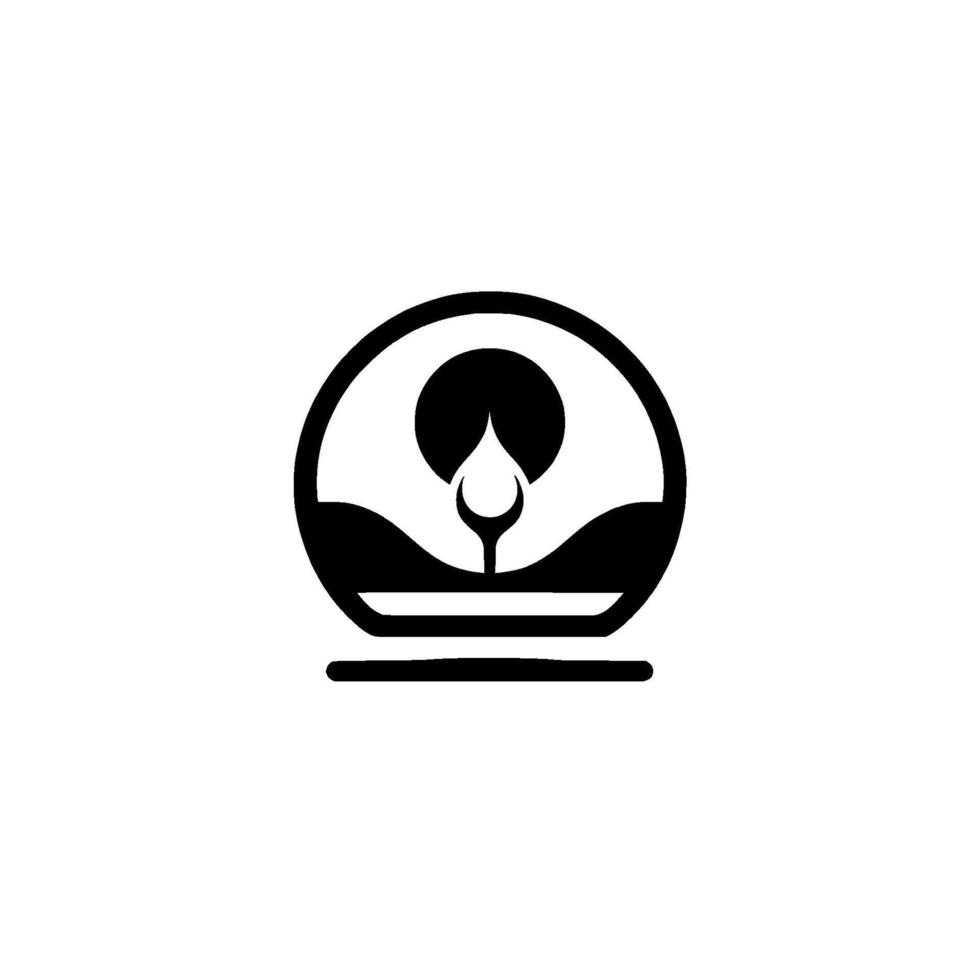 Minimalist emblem featuring a sunmoonlike orb with a descending teardrop over stylized landscape in a black and white geometric composition. vector