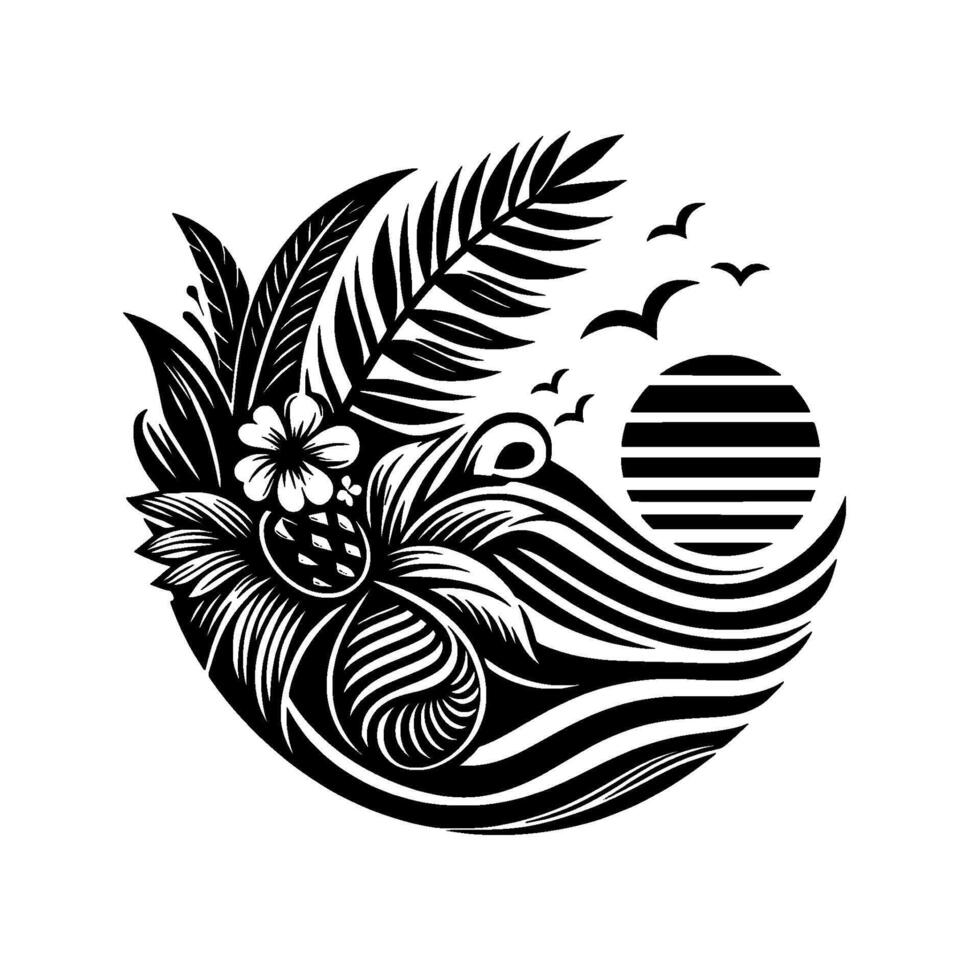 Artistic Black and White Tropical Composition with Flowing Lines, Birds, Sun, and Botanical Elements. vector