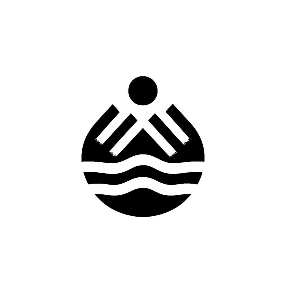 Minimalist monochrome depicting a stylized mountain, sun, and water elements within a circular shape, conveying a sense of serenity. vector