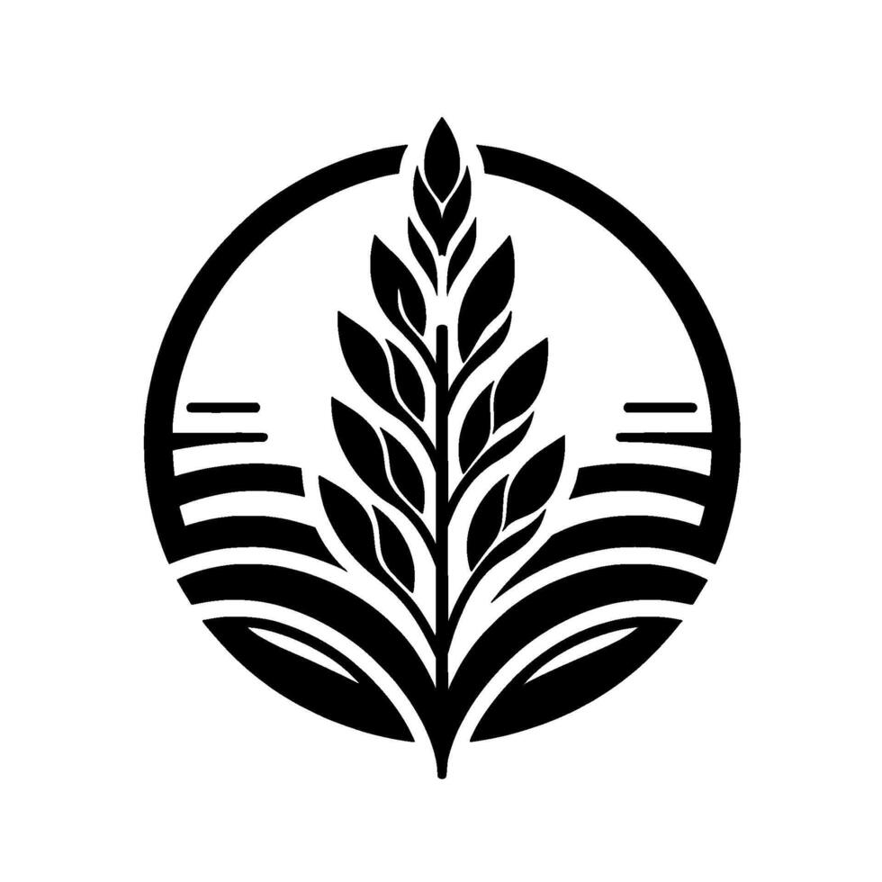 Minimalist Black and White Emblem Featuring a stylized plant or wheat in a circular frame, symbolizing growth, nature, and design. vector