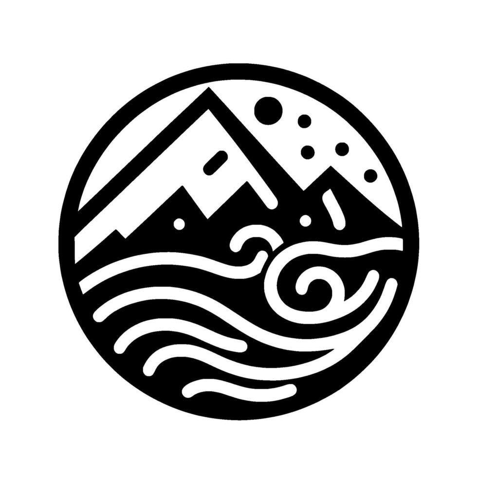 A minimalist black and white circular emblem depicting mountains, water, and celestial elements. The conveys a sense of serenity and natural harmony. vector
