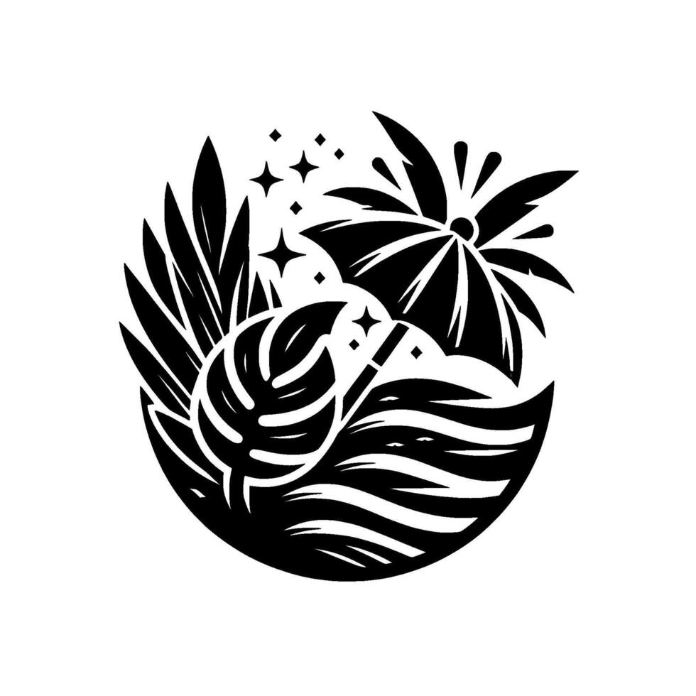 Tropical Paradise Stylized Black and White Illustration featuring an umbrella, leaves, and water, evokes a tranquil and dreamy atmosphere. vector