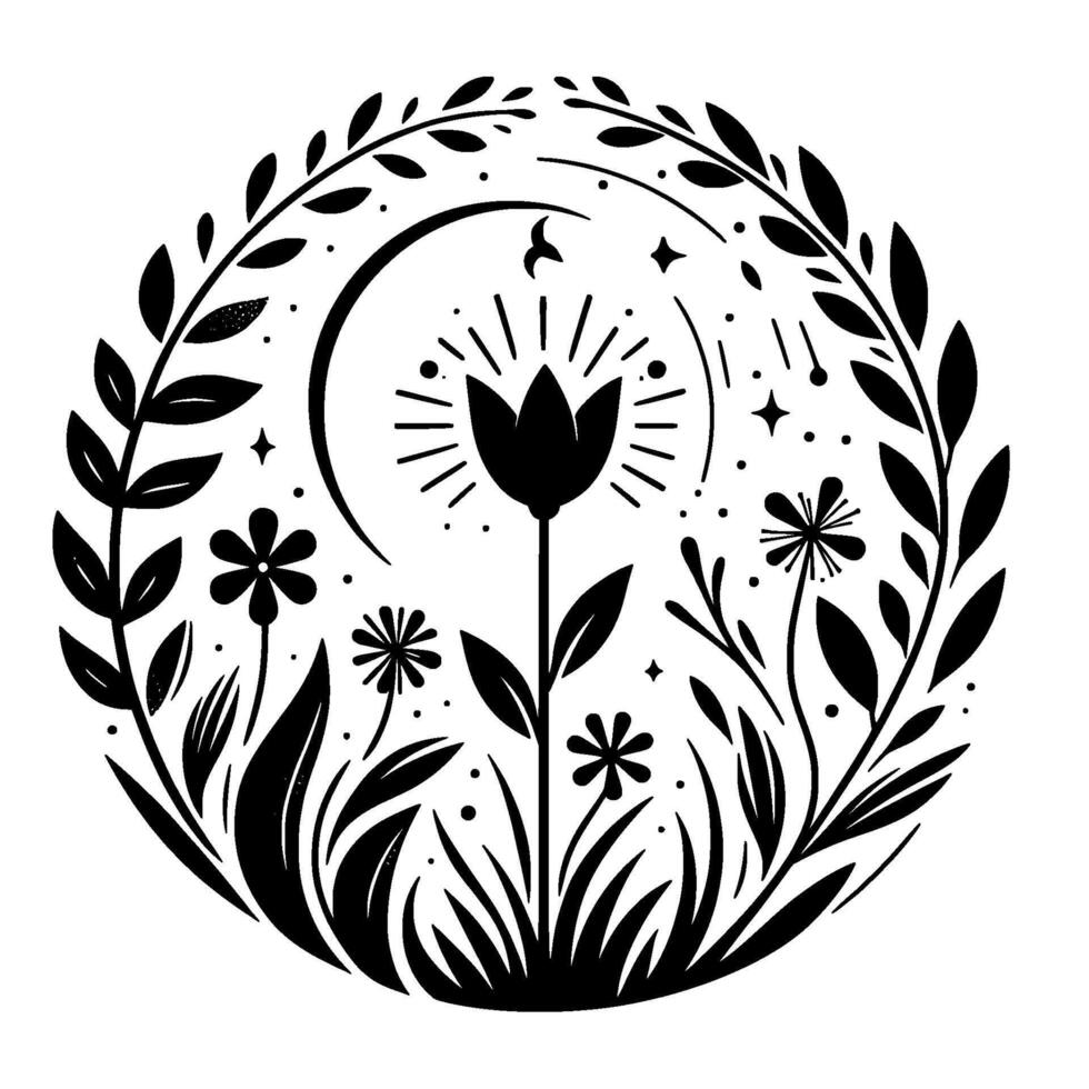 A monochromatic floral emblem featuring a central radiant tulip silhouette encompassed by a leafy circular frame, moon and stars. vector