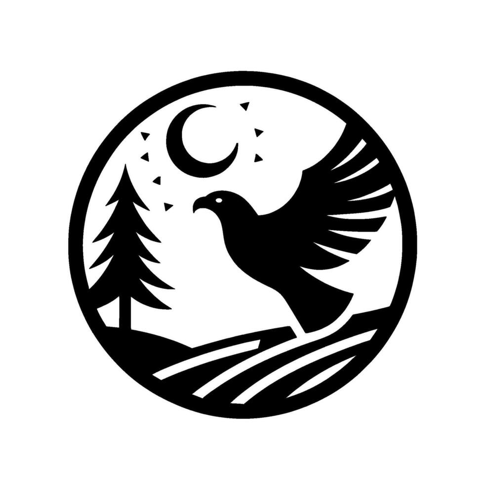 A serene, stylized illustration within a circle, featuring a soaring eagle silhouetted against a night sky, pine tree, crescent moon, and rolling hills. vector