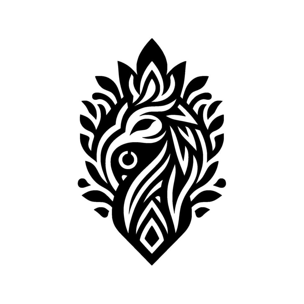 Elegant Black and White Decorative Emblem Featuring a Stylized Bird or Creature Formed by Intricate Leaf and Flowing Lines within an Oval Frame. vector