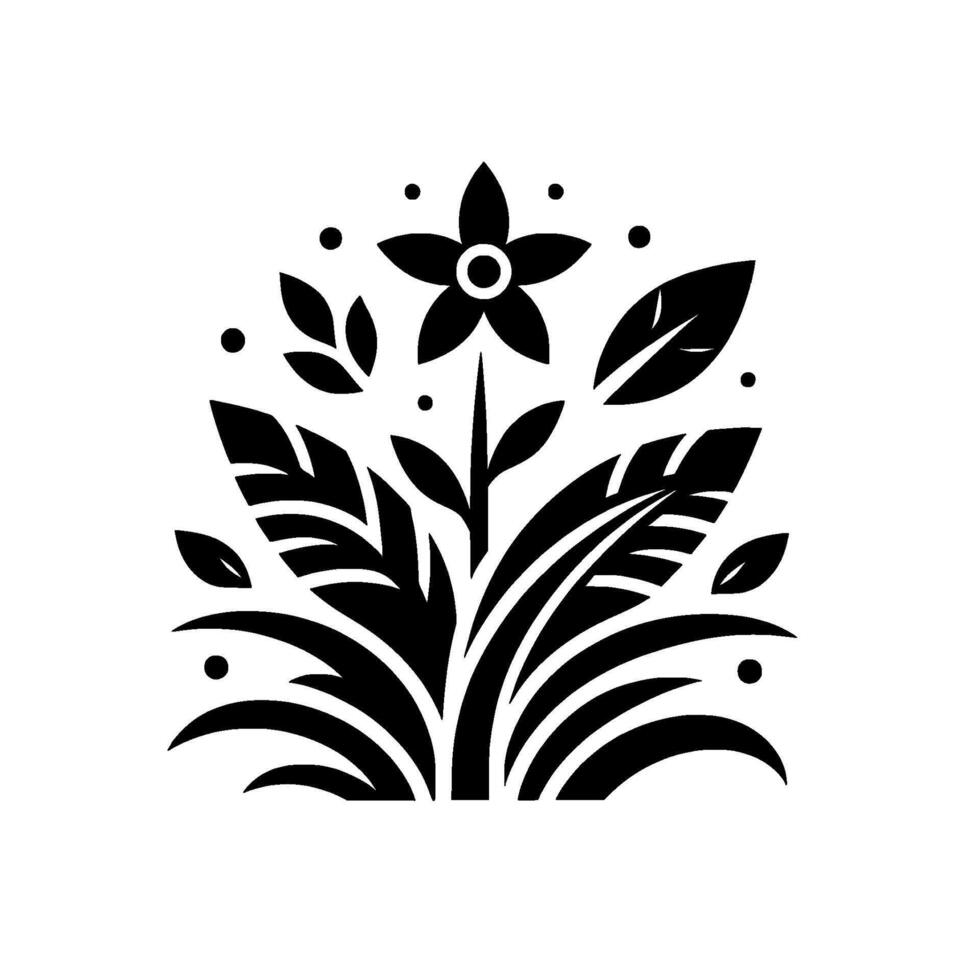 Minimalist Floral Arrangement A bold black and white featuring a stylized flower, various leaves, and decorative dots, evoking simplicity and natures elegance. vector