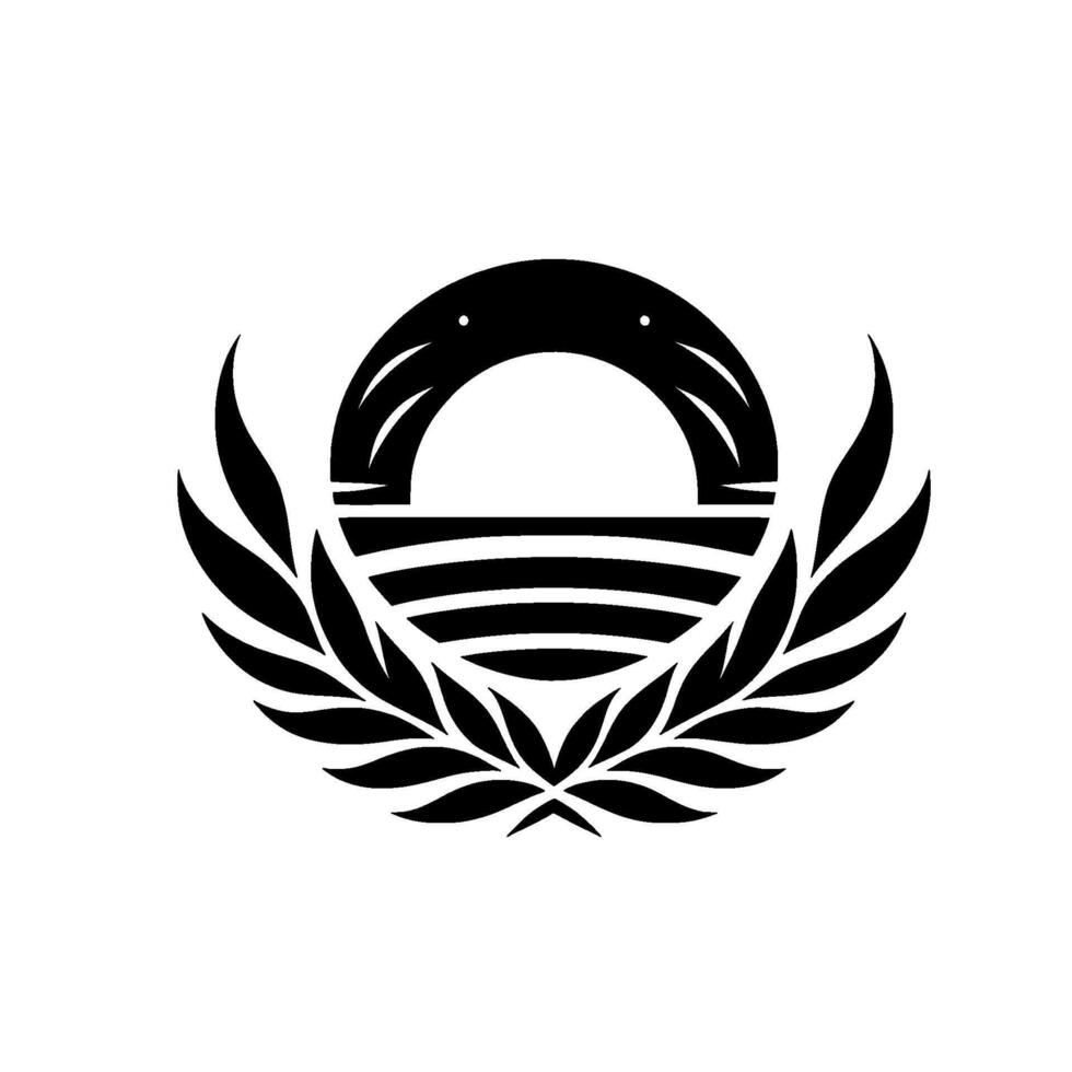 Black and White featuring a stylized, symmetrical emblem comprised of an arch, horizontal stripes, and laurel wreath. vector