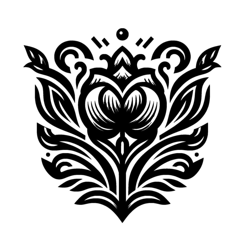 Symmetrical Black Floral Emblem with Intricate Leafy Details and Ornamental Elements on White Background. vector