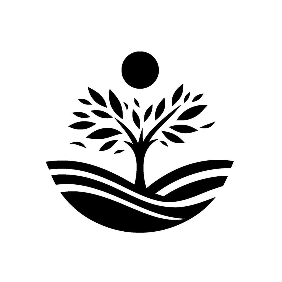 Stylized Monochrome Logo A Tree with Leaves, a Sun above, and Rolling Hills, conveying nature and growth. vector