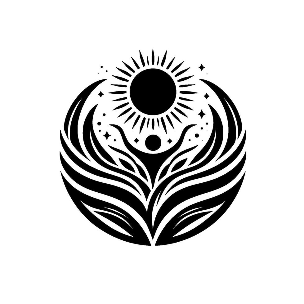 Stylized illustration of a human figure with outstretched arms, enveloped by abstract organic forms, beneath a radiant sun and starlight. vector