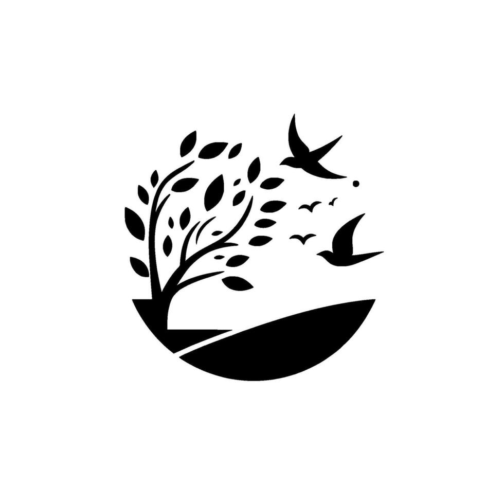 A minimalist black and white of a tree with leaves and flying birds within a circular landscape, evoking peace. vector