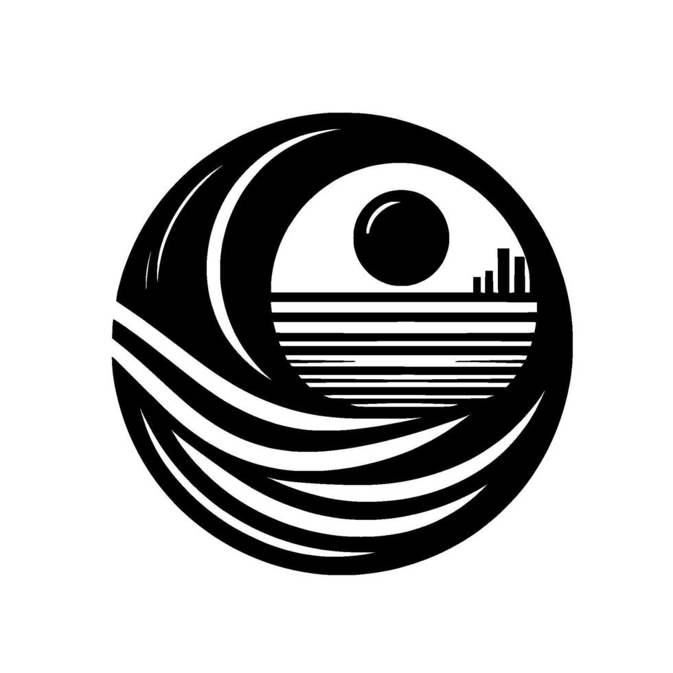 Abstract black and white circular with stylized ocean, wave, sun, and cityscape silhouettes, set against a white background. vector