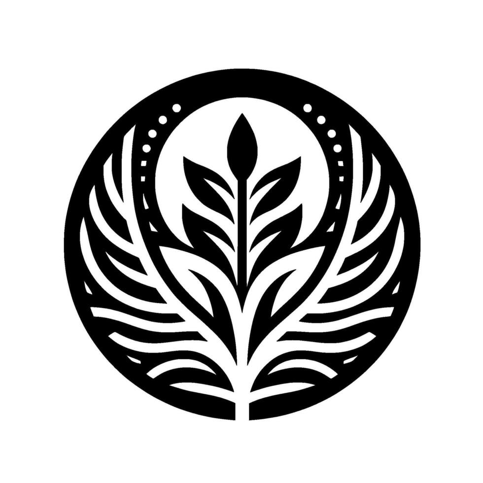 Symmetrical black and white floral within a circle, featuring a central stem and stylized leaf elements. vector