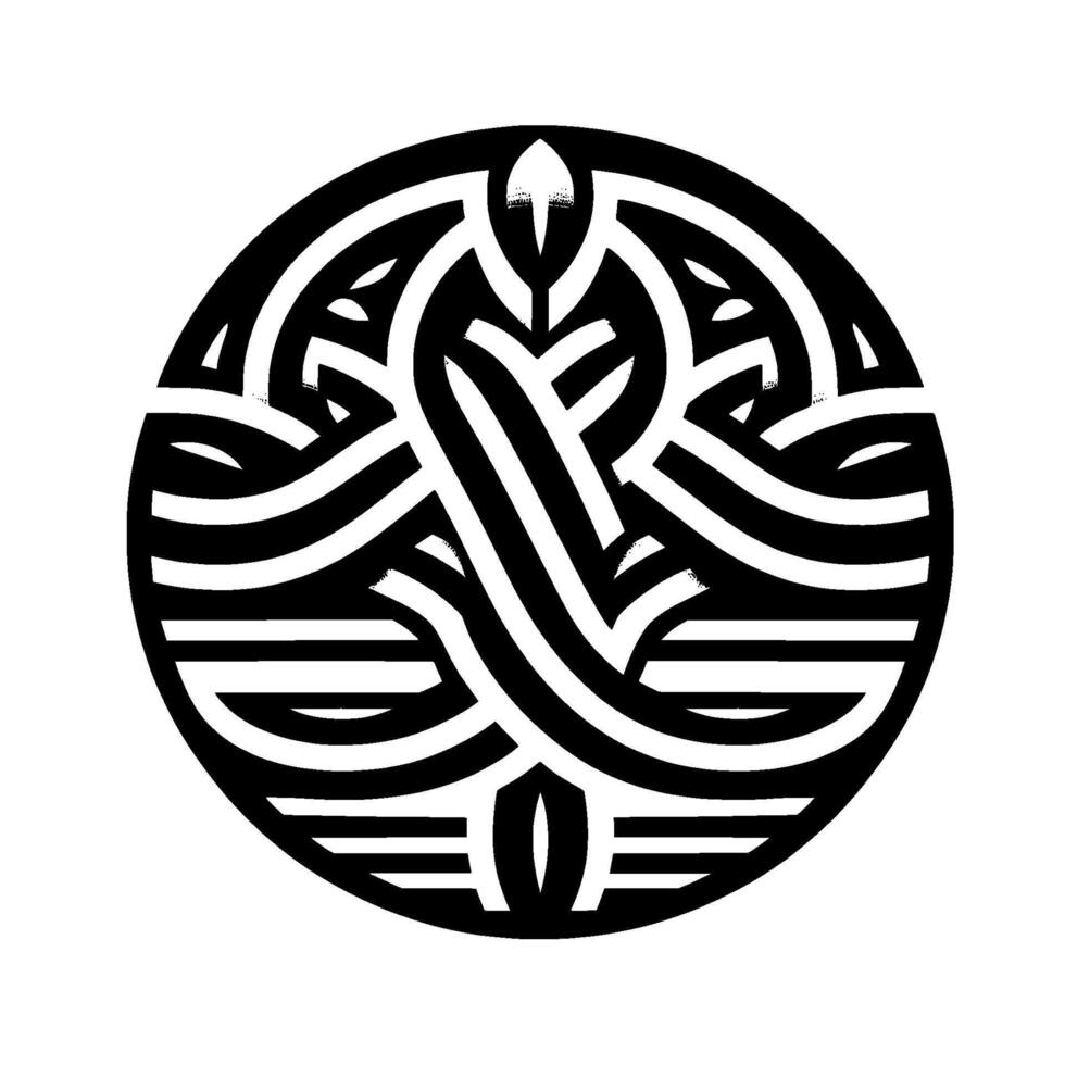 Intricate Black and White Circular Featuring Intertwined Lines, Resembling a Stylized Floral or Botanical Emblem on a Blank Canvas. vector
