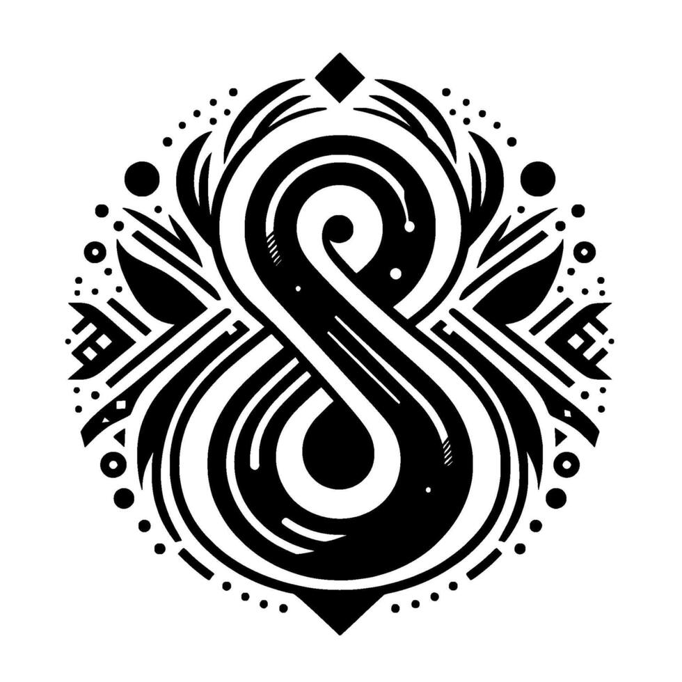 Intricate monochrome featuring an abstract figure eight, stylized with geometric and organic elements within a circular frame, evoking balance and harmony. vector