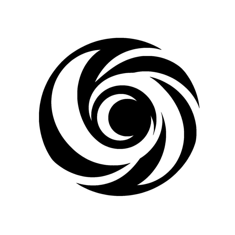 A minimalist circular featuring spiraling, crescentshaped white forms set against a black backdrop, evoking movement and energy. vector