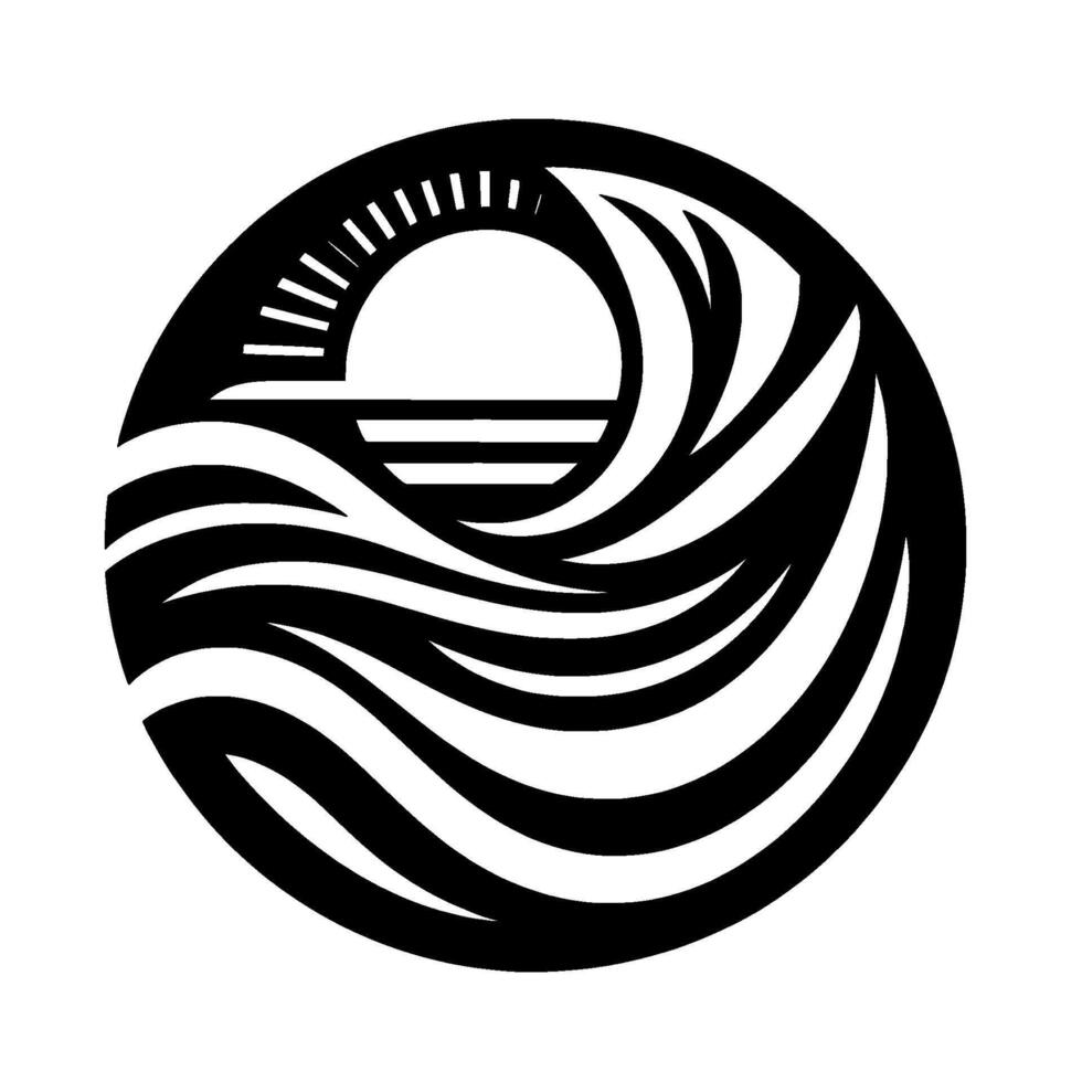 Stylized Black White Circular Logo Sunset over Ocean Waves, Geometric and Minimalist Design. vector