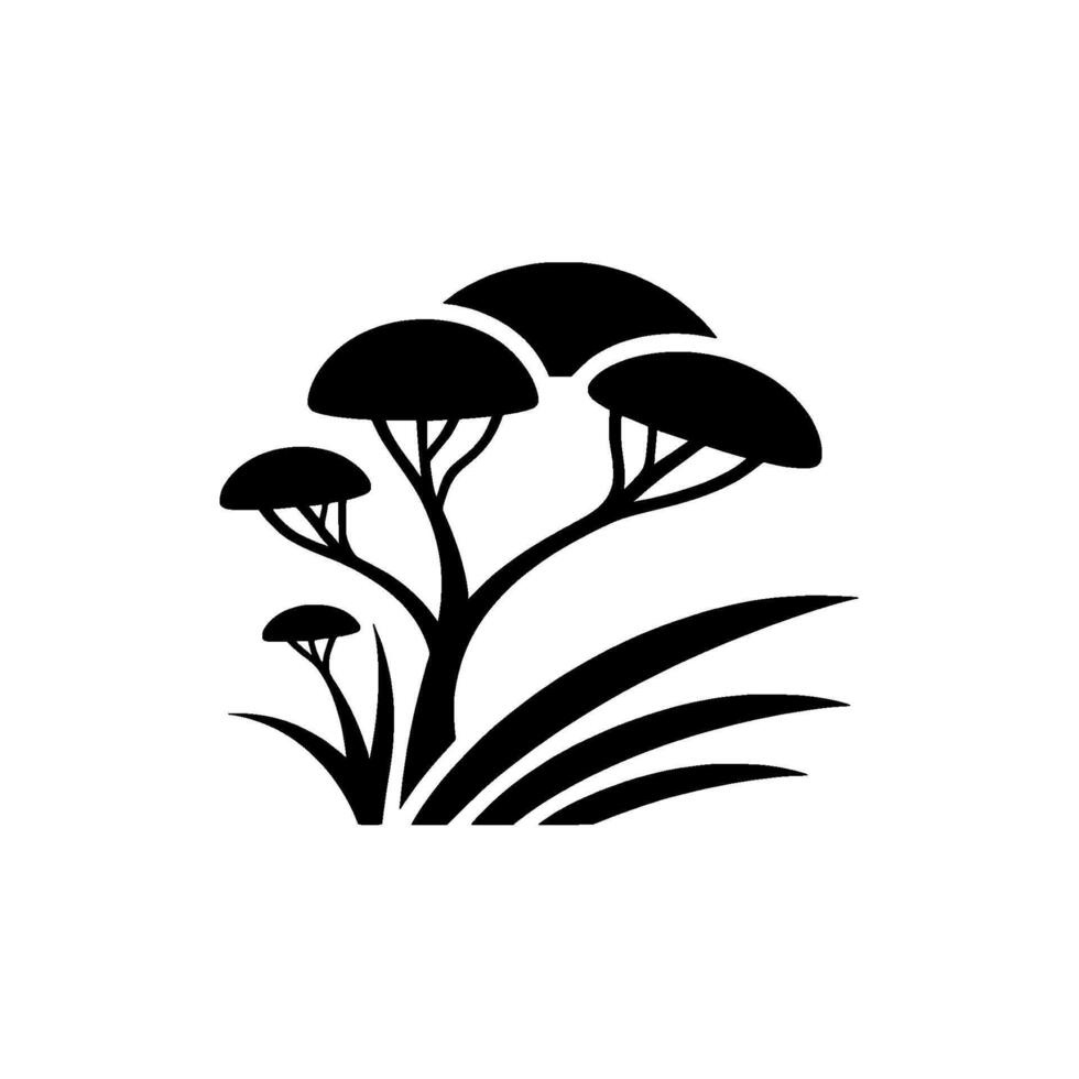 Stylized black and white minimalist illustration of an African acacia tree with rounded canopy and blades of grass against a white background. vector