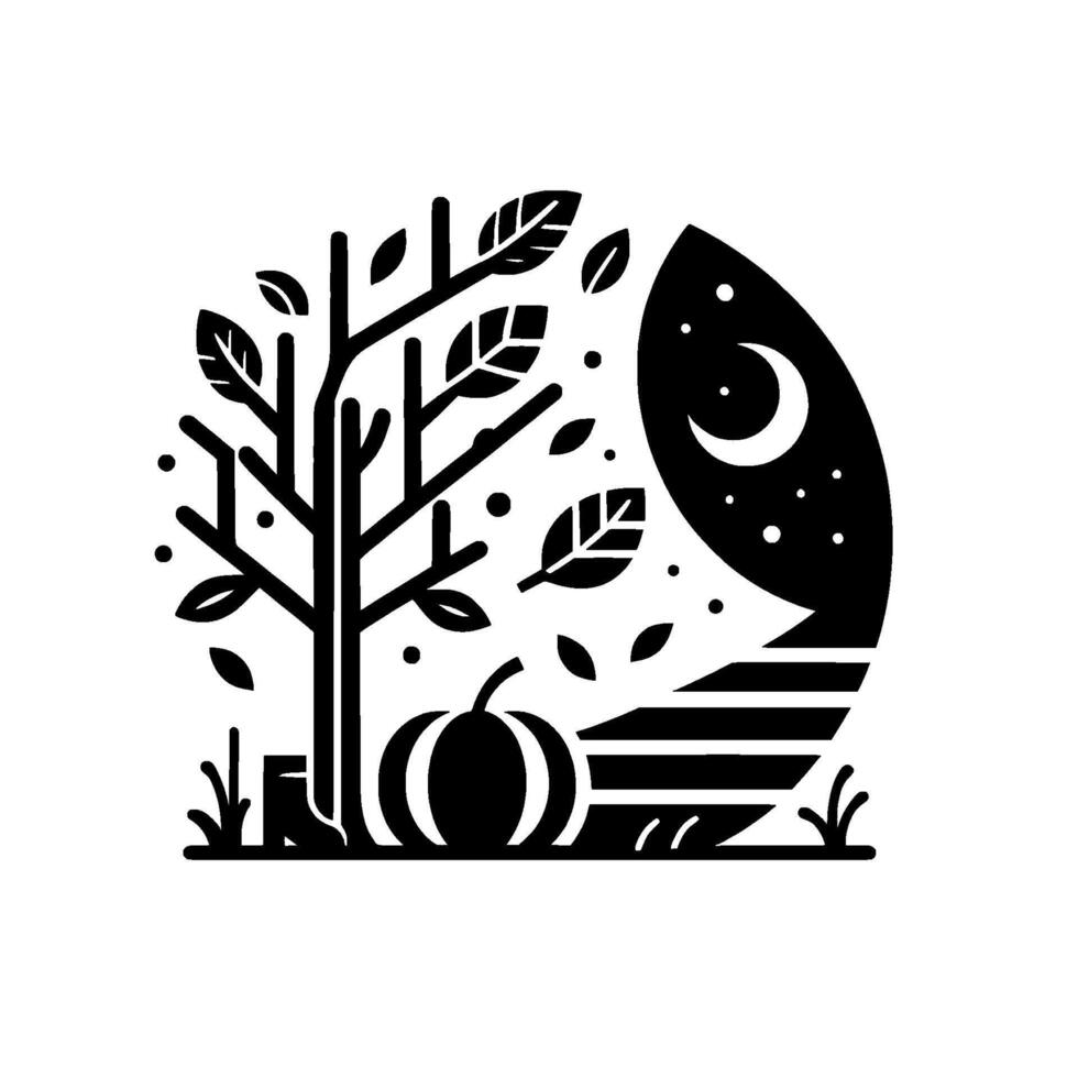 Stylized monochrome illustration of a tree with fall foliage and a pumpkin, alongside a crescent moon and stars, suggesting a serene autumn night scene. vector