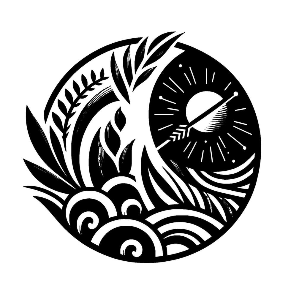 Intricate black and white circular depicting nature elements, a celestial body, and an arrow piercing through it. vector