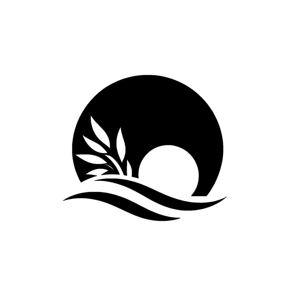 Monochrome minimalist nature featuring a silhouette of a leaf sprig emerging from stylized waves with a sun or moon rising behind. vector