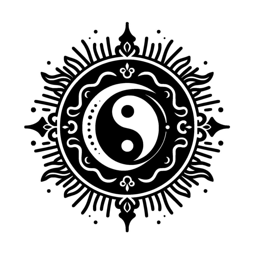 Intricate Black and White Yin Yang Symbol Surrounded by Ornate, SunLike Ornamental on a White Background. vector